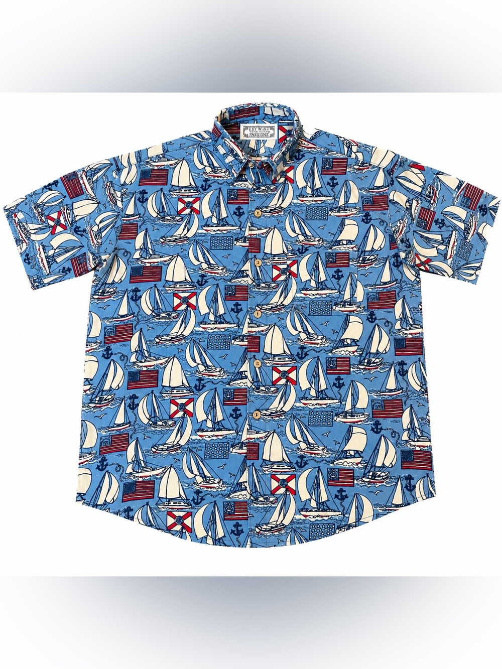 Vintage Key West Hand Print Fashions Shirt Sailboat Nautical USA Flag Mens XL L